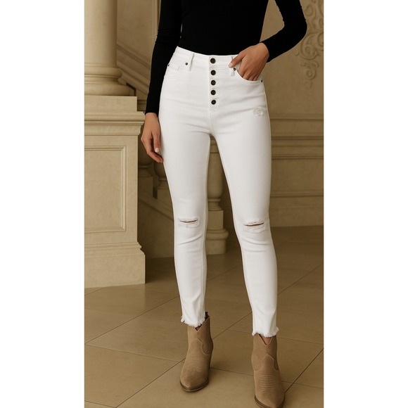 KanCan Denim - KanCan Womens White‎ Denim Jeans Frayed Hem Cropped Skinny Jeans Size 7/27